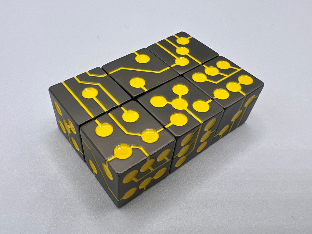 Yellow & Gunmetal | Metal Circuit Dice | 6-Piece Set