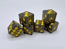 Load image into Gallery viewer, Yellow &amp; Gunmetal | Metal Circuit Dice | 6-Piece Set
