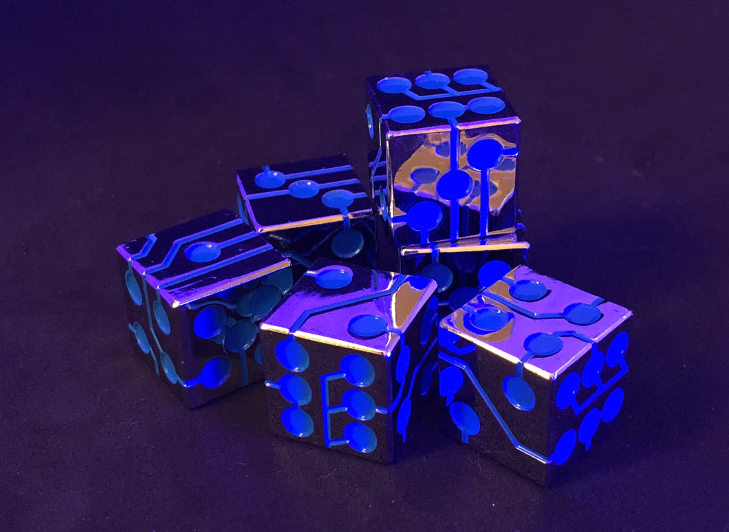 Blue & Chrome | Metal Circuit Dice | 6-Piece Set